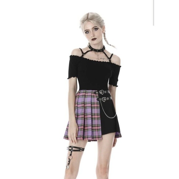 NWT Dark in‎ Love Punk Purple Plaid Pleated Mini Skirt Goth Rock Alternative XL - Picture 1 of 15